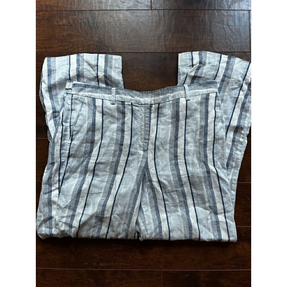 Talbots Blue Striped 100% Linen Straight Leg Pants Womens Sz 14